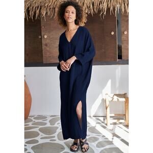 Ocean + Main Gauze Arc Seam Caftan L/XL Peacock Blue Pockets 100% Cotton $295